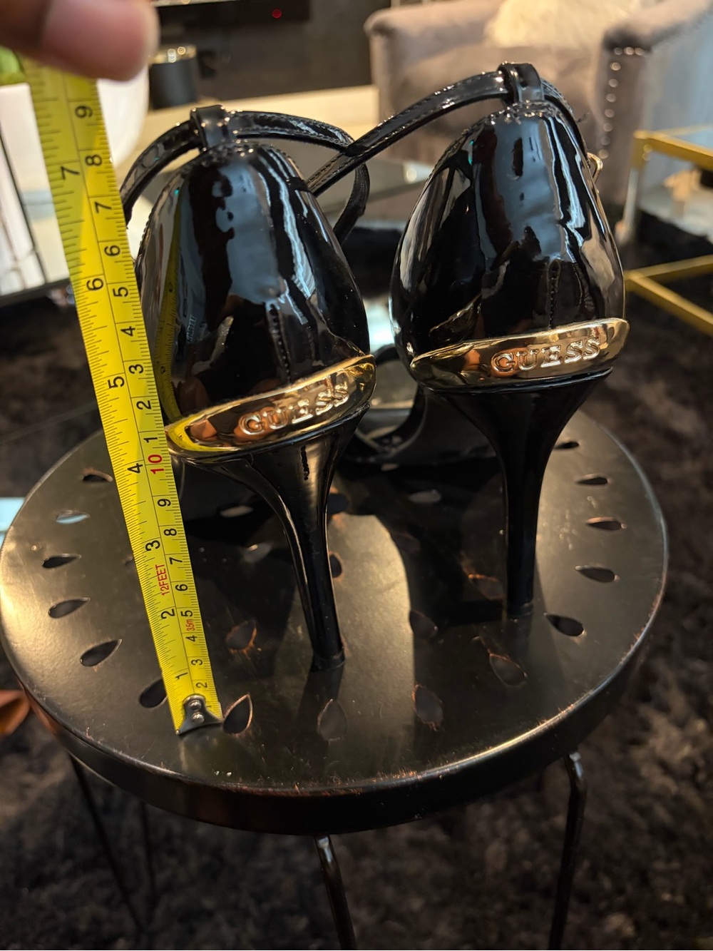 GUESS Divine Black Patent Gold Accent Strappy Stiletto Heels